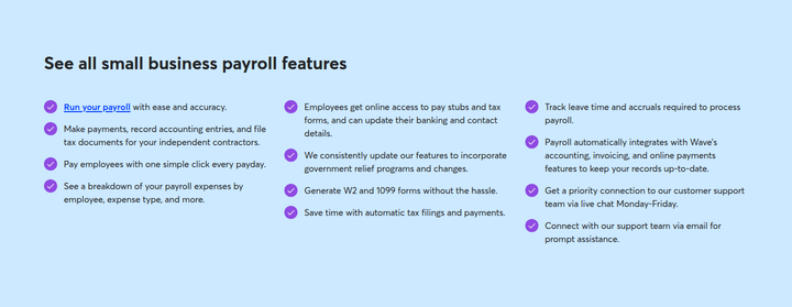 See All Small Business Payroll Features section from Wave