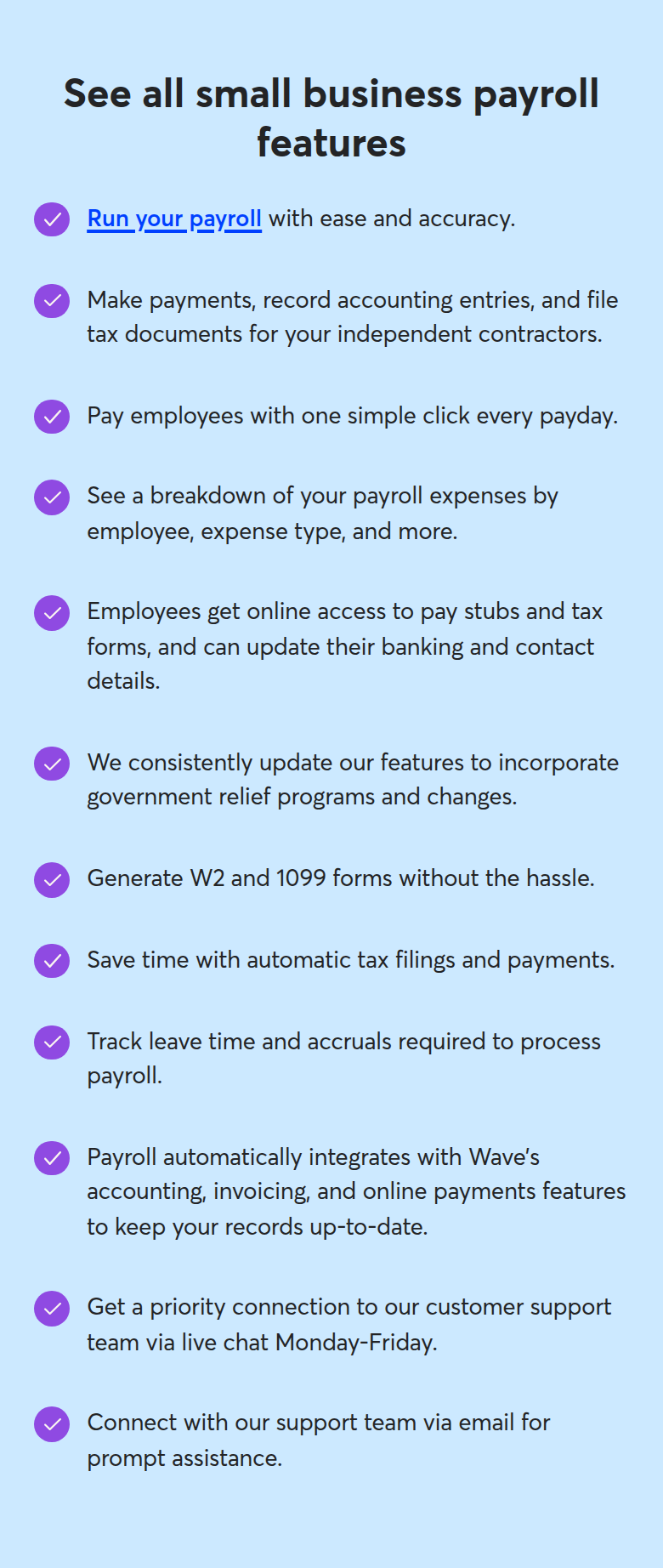 See All Small Business Payroll Features section from Wave, on a phone