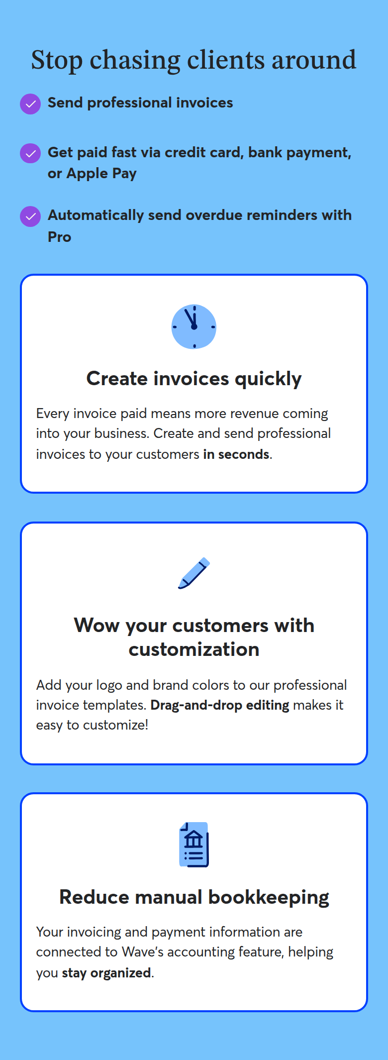 Stop Chasing Clients Around section from Wave, on a phone