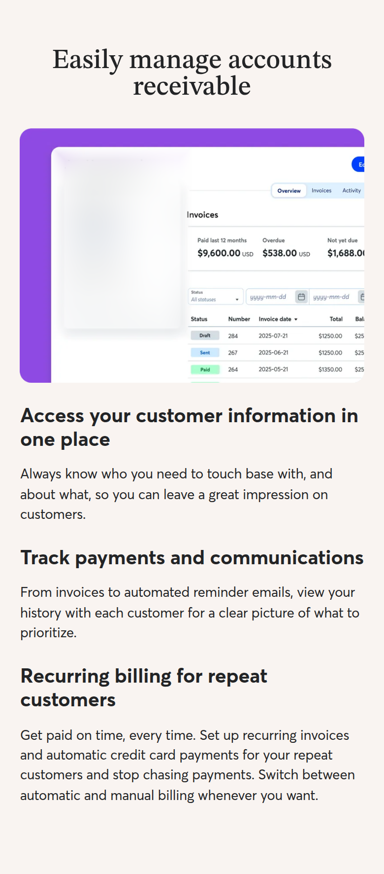 Easily Manage Accounts Receivable section from Wave, on a phone