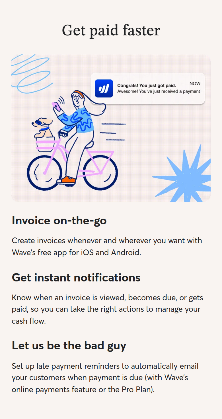Get Paid Faster section from Wave, on a phone
