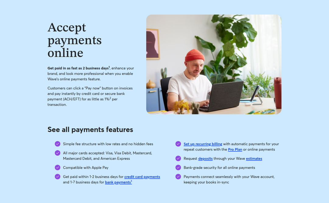 Accept Payments Online section from Wave