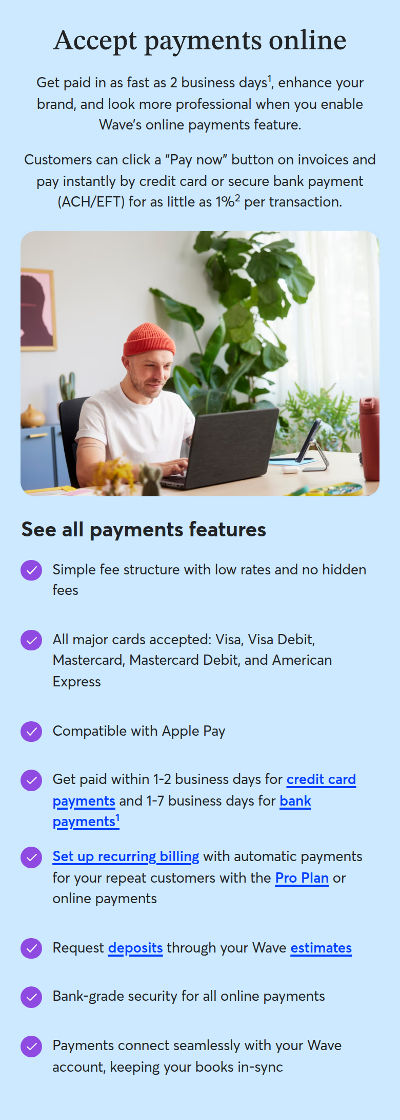 Accept Payments Online section from Wave, on a phone