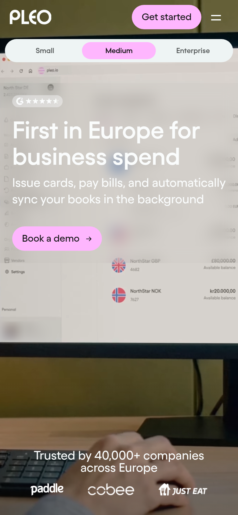 First in Europe for Business Spend section from Pleo, on a phone