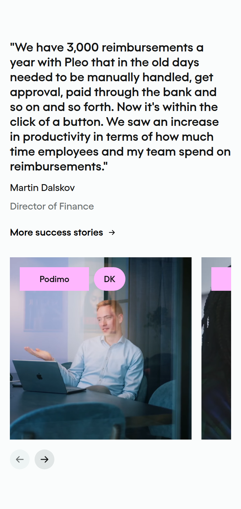 Success Stories section from Pleo, on a phone