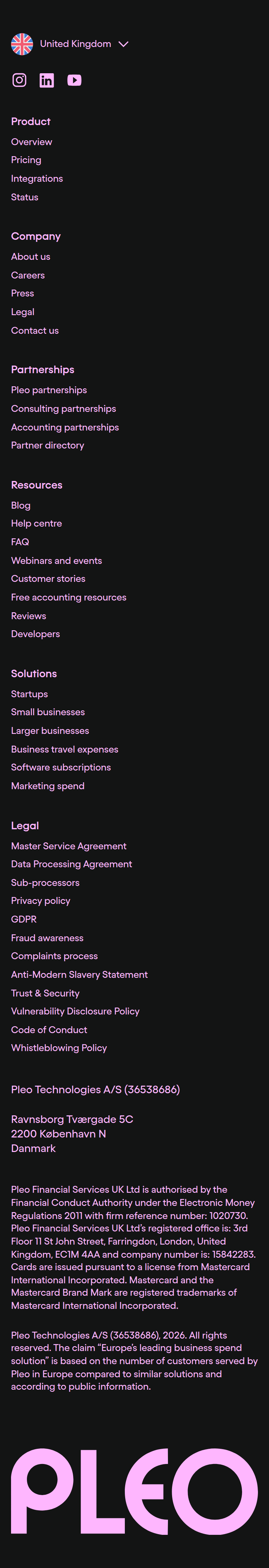 Footer section from Pleo, on a phone