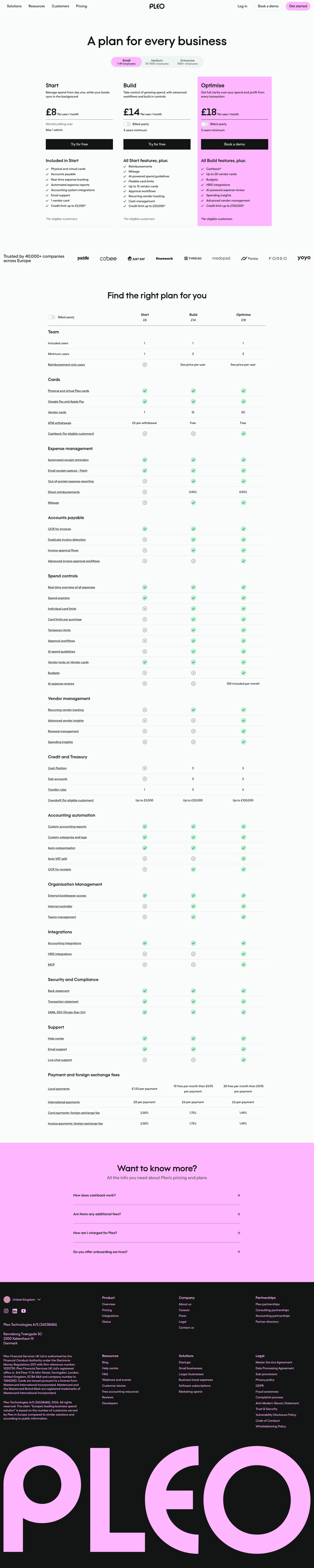 Pricing page from Pleo