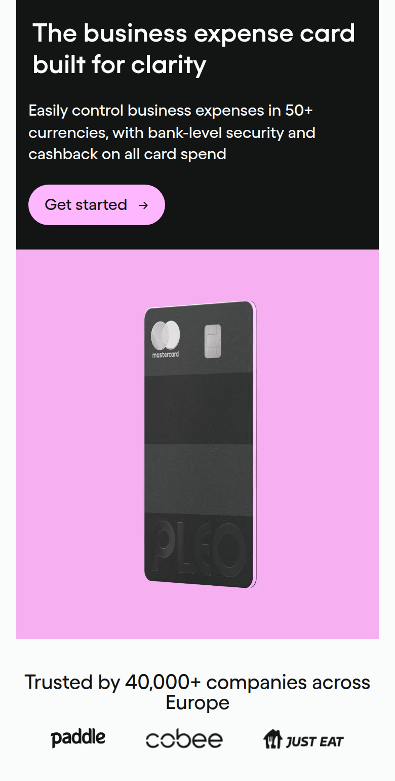 The Business Expense Card Built for Clarity section from Pleo, on a phone