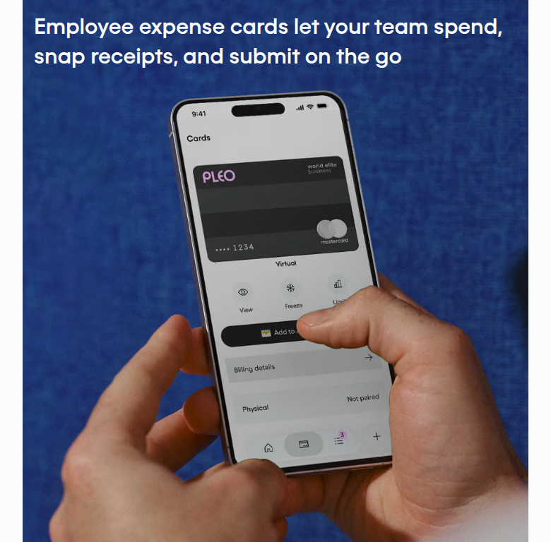 Employee Expense Cards section from Pleo, on a phone