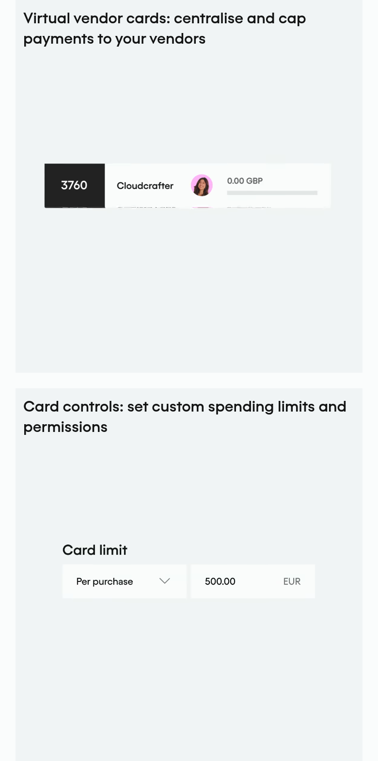 Virtual Vendor Cards and Card Controls section from Pleo, on a phone
