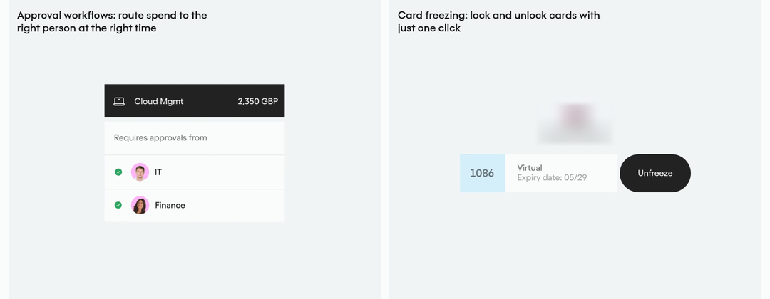 Approval Workflows and Card Freezing section from Pleo