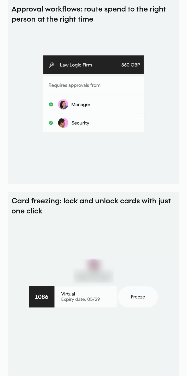 Approval Workflows and Card Freezing section from Pleo, on a phone
