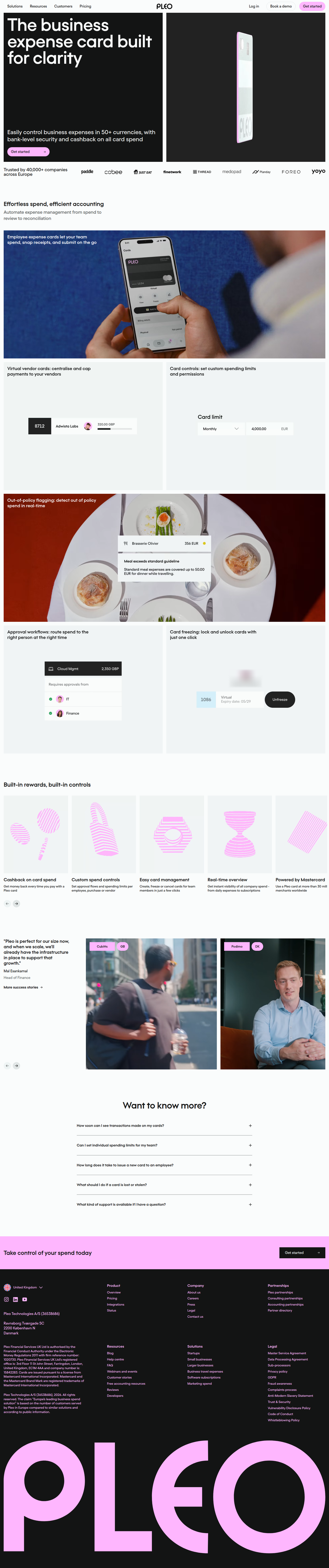 Business Expense Cards page of Pleo