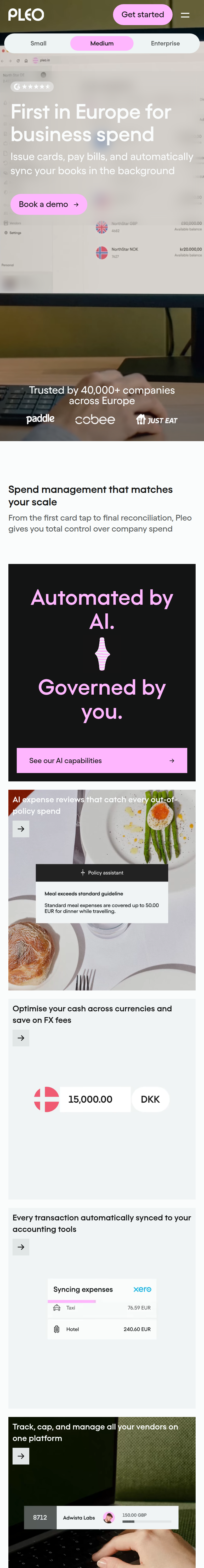 Home page of the Pleo website, on a phone